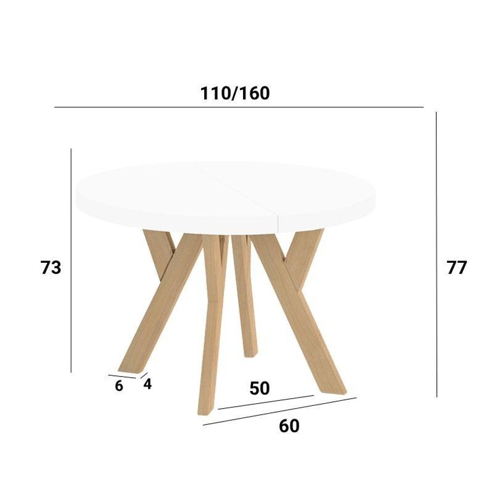 Runder Ausziehbarer Tisch für Esszimmer, PERO, Loft-Stil, Skandinavische, Durchmesser: 110 / 160 cm, Farbe: Weiß / Buche Natur