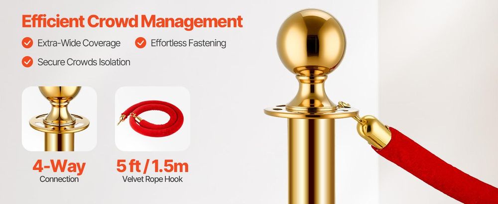 VEVOR Absperrsäulen (8 Stück) (1,5 m Länge), Absperrsäulen aus Edelstahl mit nachfüllbarem Sockel, für Ausstellungen, Gold