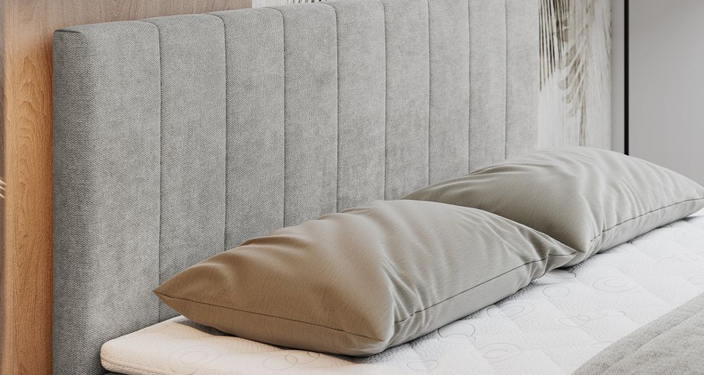 Vergrößern Sie das Kopfteil des Boxspringbettes, das Foto zeigt grau Stoff