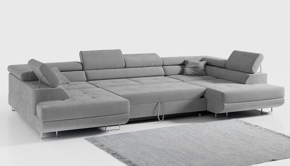 Grau Ecksofa aus weichem Buocle-Stoff. Foto zeigt Schlaffunktion