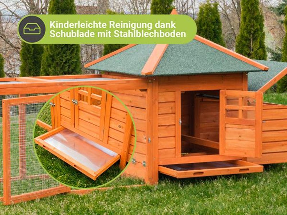 MyAnimal Hühnerstall MH-19 | Für 3-4 Hühner - Hühnerhaus - 2 Sitzstangen - Nistkasten - Eiablage - Freilaufgehege - Wetterfestes Dach (Braun)