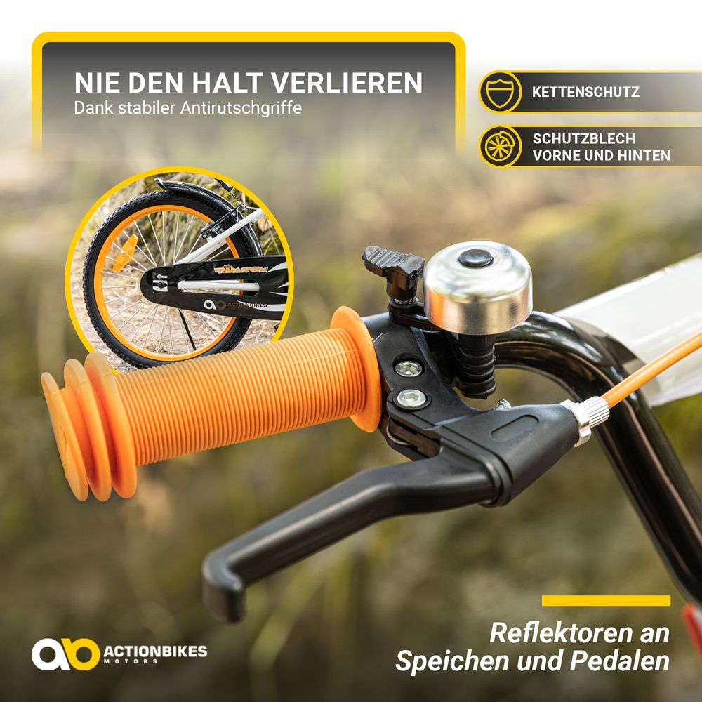 Actionbikes Kinderfahrrad Timson 16 Zoll | Kinder Fahrrad - V-Brake Bremsen - Kettenschutz - Fahrradständer - Fahrradkorb - 4-7 Jahre (Orange/Weiß)