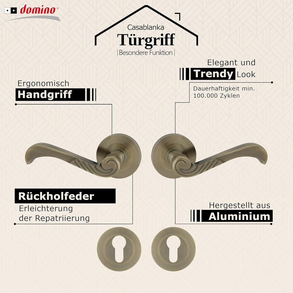 DOMINO Türgriff Drückergarnitur PZ- Profilzylinder | Rund-Rosette | Türklinke für Bürotür, Kellertür & Innentür | Aluminium | Bronze | CASABLANKA-R M3