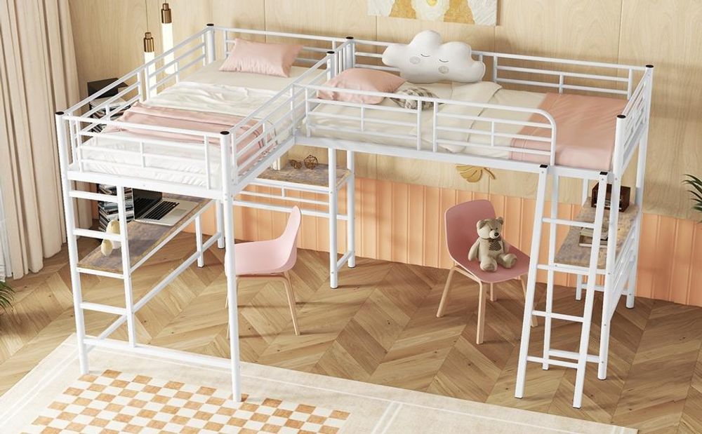 Merax Etagenbett Hochbett 90x200 cm, mit Tisch unter dem Bett, Doppeltreppe, hohes Geländer, 2 Etagenbetten, Metall Kinderbett, Jugendbett, Weiß