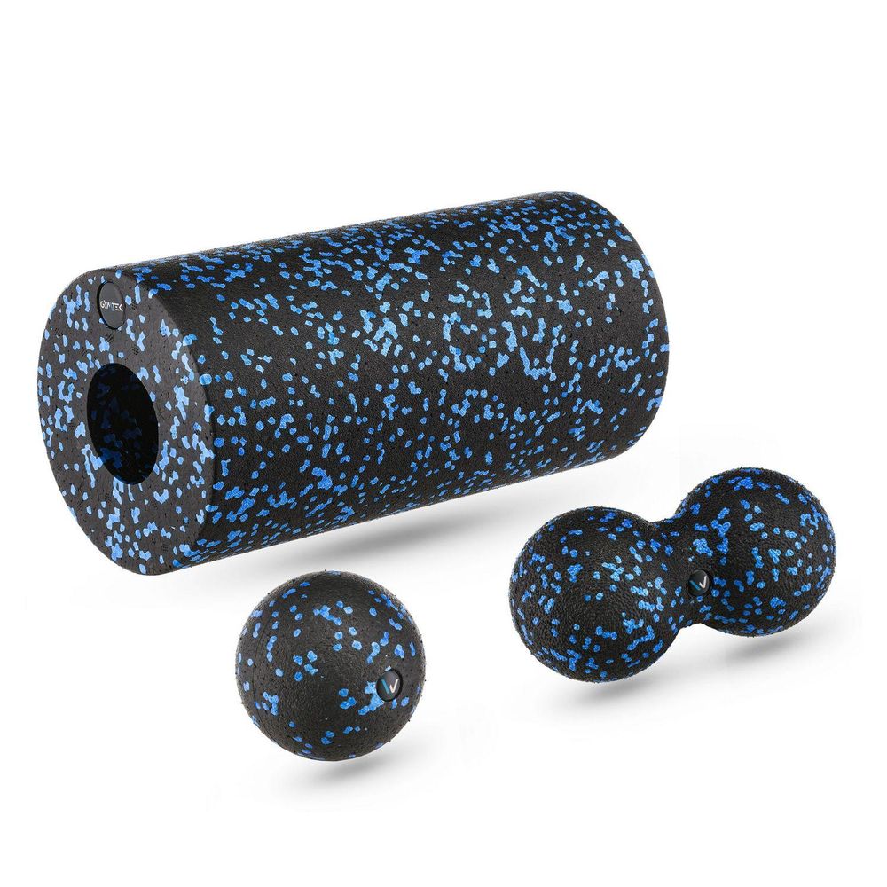 Set: Schwarze Faszienrolle, Duo-Ball und Massageball mit blauen Sprenkeln