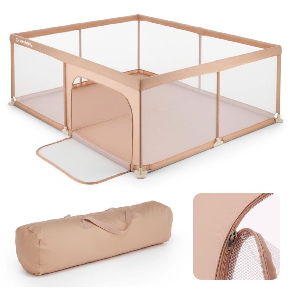Detská ohrádka Sun Baby so sieťovanými stenami a vstupom na zips, detail tašky a zipsu.