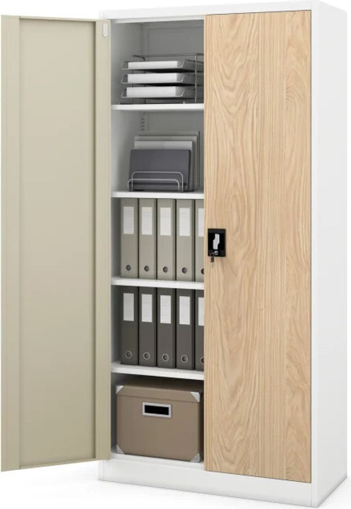 Büroschrank C001 Aktenschrank Lagerschrank Mehrzweckschrank Metallschrank 4 Fachböden Pulverbeschichtung Stahlblech 185 cm x 90 cm x 40 cm Farbe:  Weiß/Holzoptik