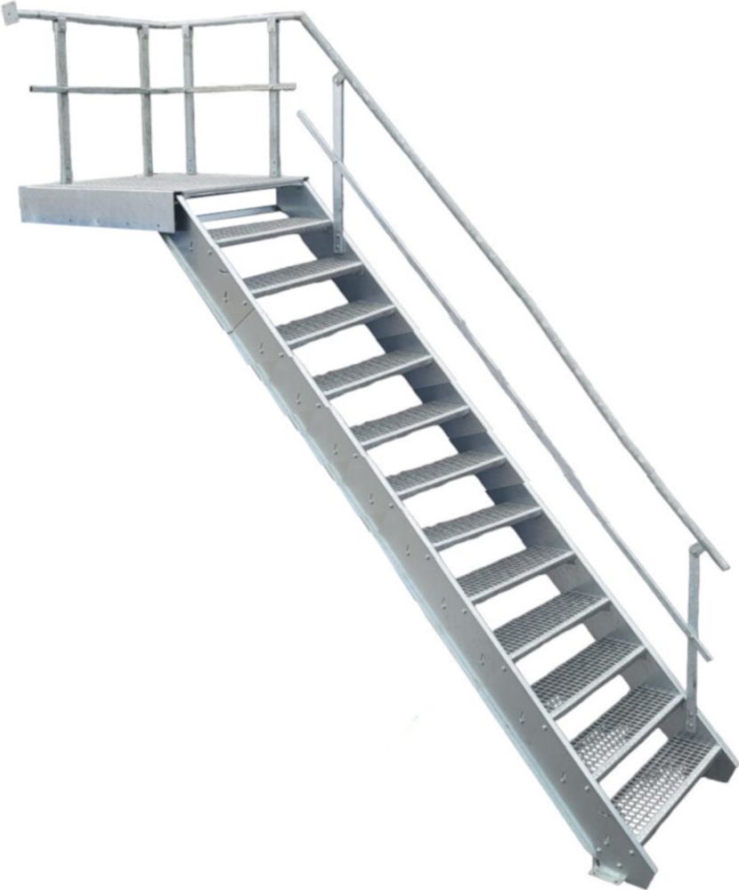 12 Stufen + Podest Stahltreppe mit Geländer rechts / Stufenbreite 100cm / Geschosshöhe 195-260cm
