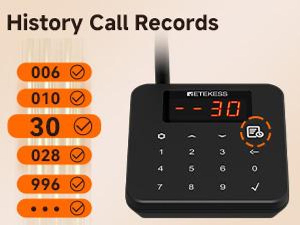 System przywoławczy Retekess TD186 dla restauracji, 30 przywoławców, zasięg 600 m, zabezpieczenie przed przewróceniem, 64 kombinacje wywołania, przycisk wyciszenia, system przywoływania gości dla barów i kawiarni, walkie-talkie