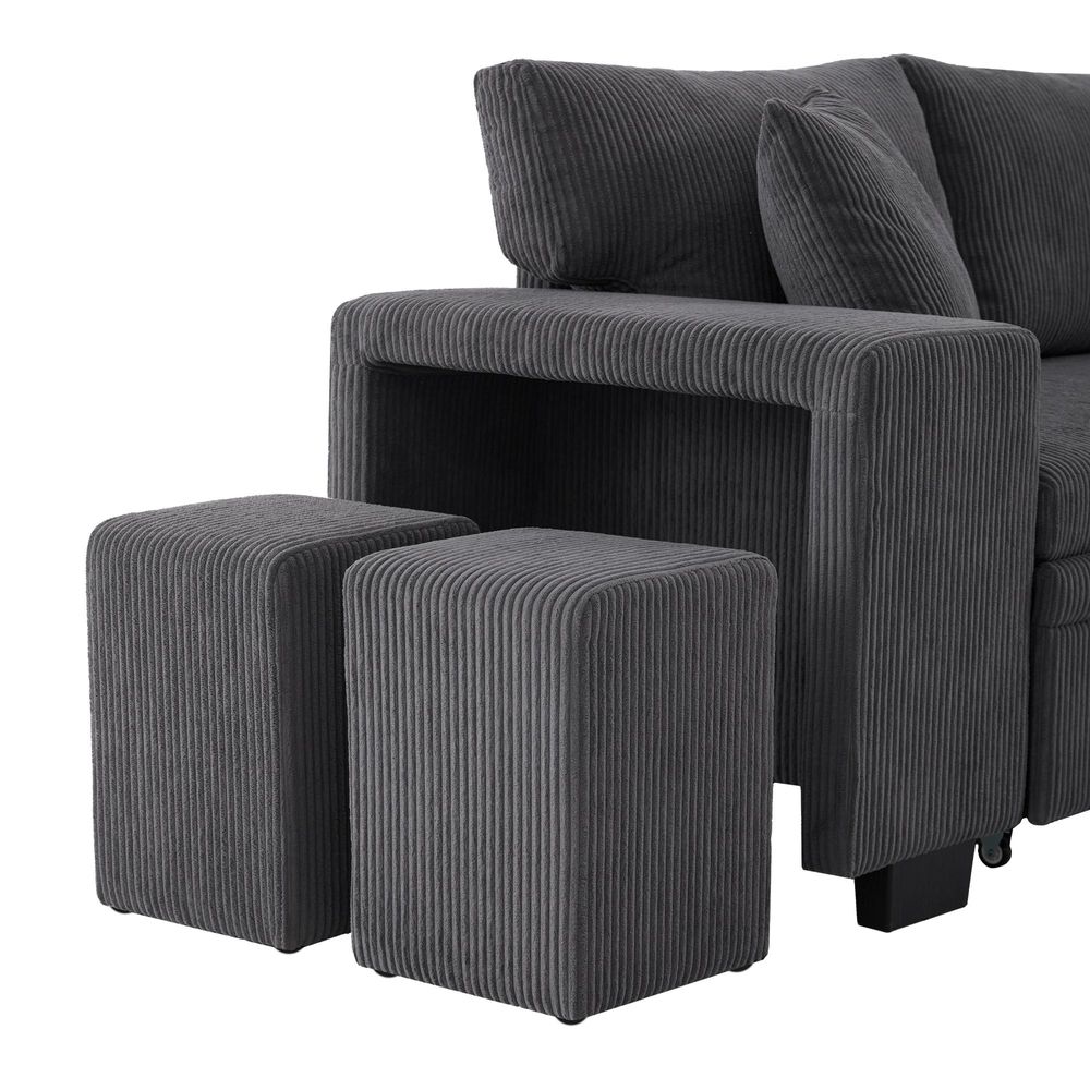 okwish L-förmiges umbaubares Ecksofa 3-Sitzer-Umbausofa mit USB-Ladeanschluss und Kissen,Klappsofa mit Schlaffunktion und Seitenablagen,Grau