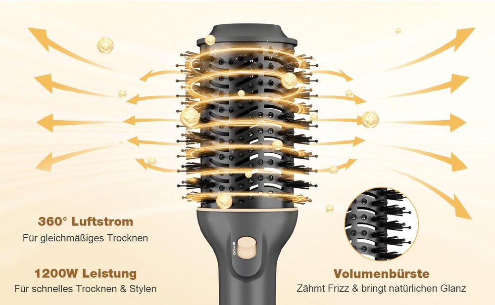 MCURO 3 in 1 Warmluftbürste Ionen, Haartrockner & Volumenbürste 1200 Watt, feuchtigkeitsspeichernde Keramikbeschichtung, 3 Heiz Gebläsestufen, Schwarzgold