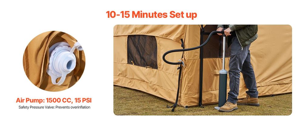 VEVOR Aufblasbares Campingzelt, 4 x 3 x 2,2 m, Luxus-Campingzelt mit 2 Oberlichtern, Baldachin, Herdanschluss, 2 Türen, Netzfenstern und Aufbewahrungstasche