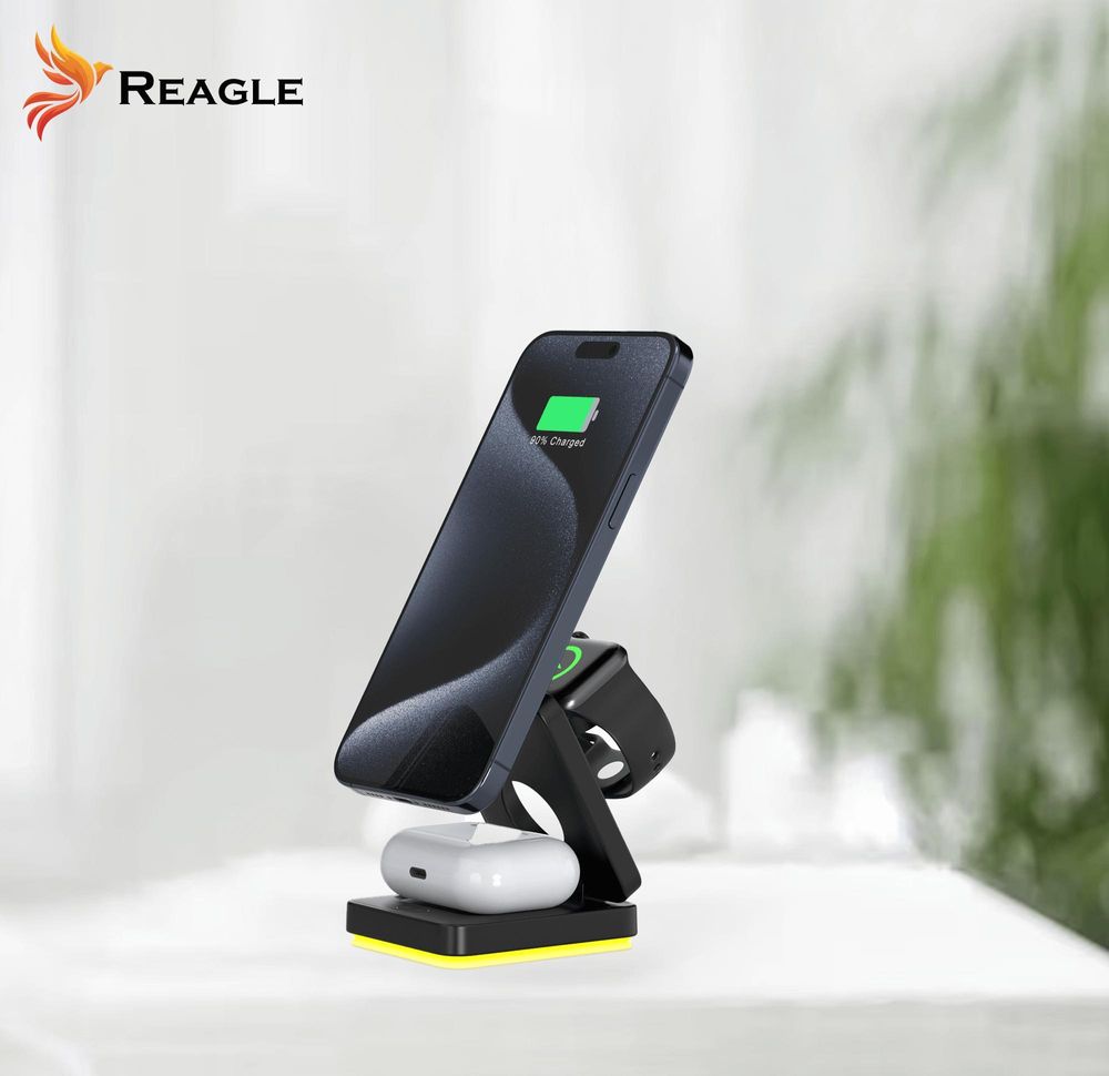3-In-1 Wireless Ladestation Kabellose Faltbar Induktives Ladegerät Magsafe Qi 15W Kompatibel Mit Apple Iphone 16, 15 Airpods  Smartwatch, Ladeständer Mit Nachtlicht Reagle