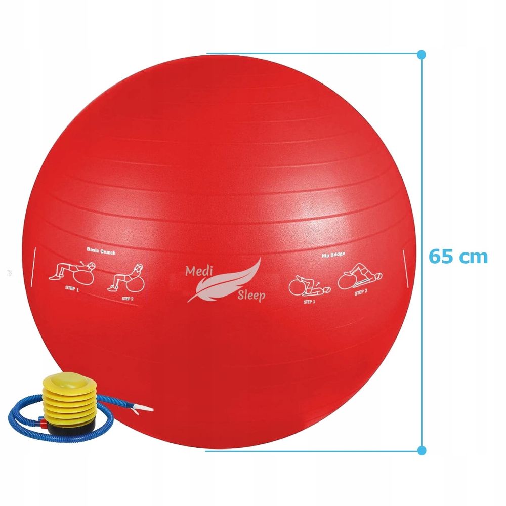 Gymnastikball 65 cm mit Luftpumpe - Sitzball, Trainingsball, Yogaball, Pilatesball - Fitnessball für Core Training mit gezeichneten Übungen - Rot