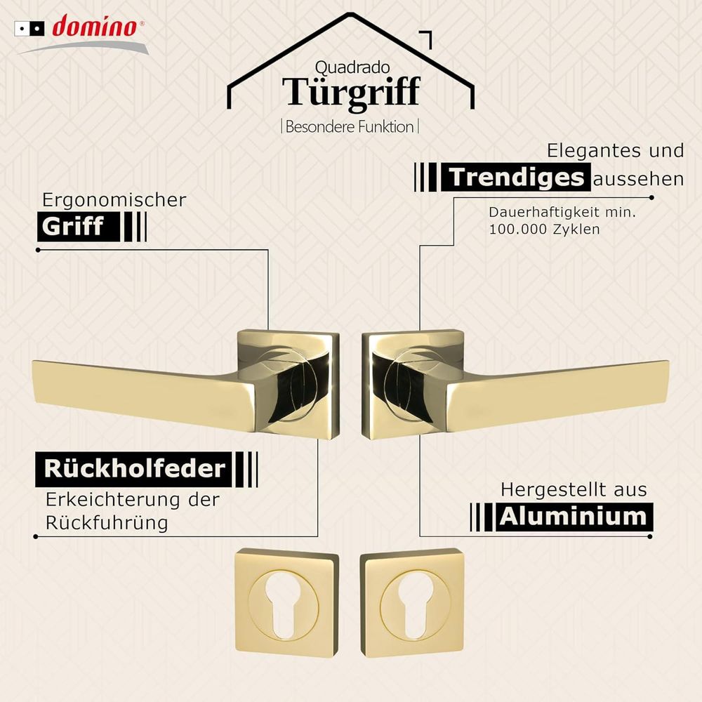 Domino Türgriff QUADRADO-QR M1 Drückergarnitur PZ Profilzylinder Set Türklinke für Zimmertür Türbeschläge aus Aluminium Messing Gold