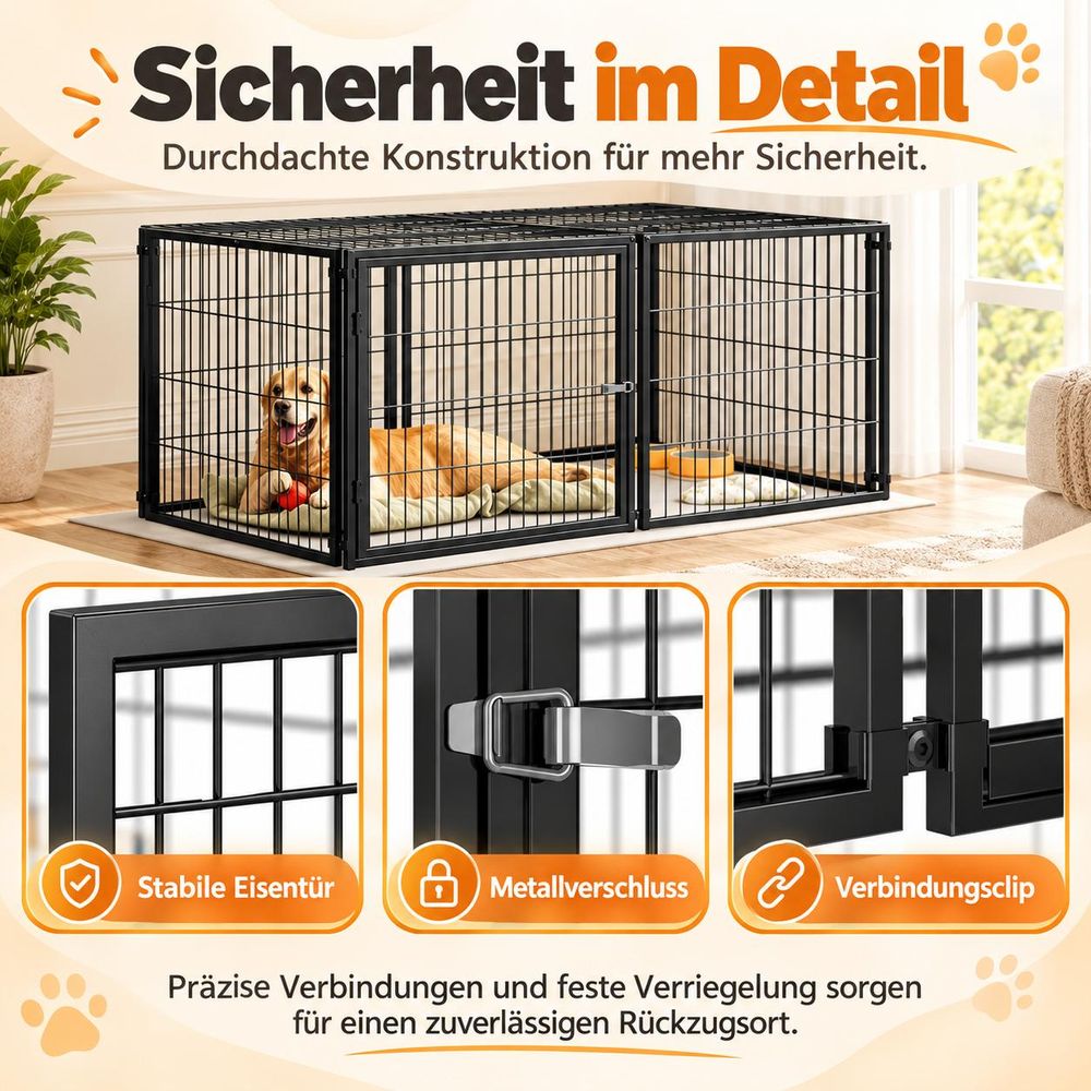 Basics Modulare Hundebox 160x80x80 cm, Flexibler Hunde-Käfig mit Sicherheitsdeckel & Verstellbarer Tür, Aus Stahl mit Rostschutz, inkl. PVC-Auflage, Schwarz Black