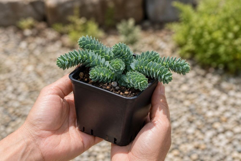Hände halten den ECKIGEN schwarzen 9 × 9-cm-Topf mit blaugrauer Jungpflanze – Topf komplett sichtbar