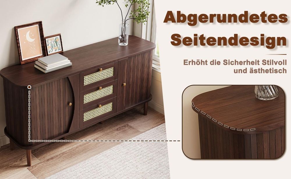 okwish Sideboard, Rattanschrank Rattankommode mit drei Schubladen, Kommode mit Schiebetüren Holzfarbe