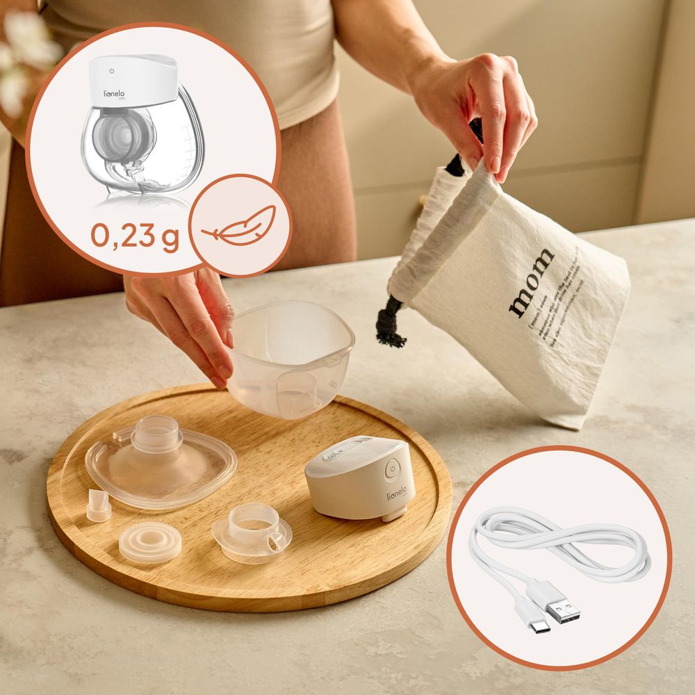 Lionelo Elektrische Milchpumpe Fidi Free Lumi Hands-free, 180 Min, 9 Modi, Beleuchtung, Speicher, Sterilisierbar, Display, Timer, 180ml Behälter