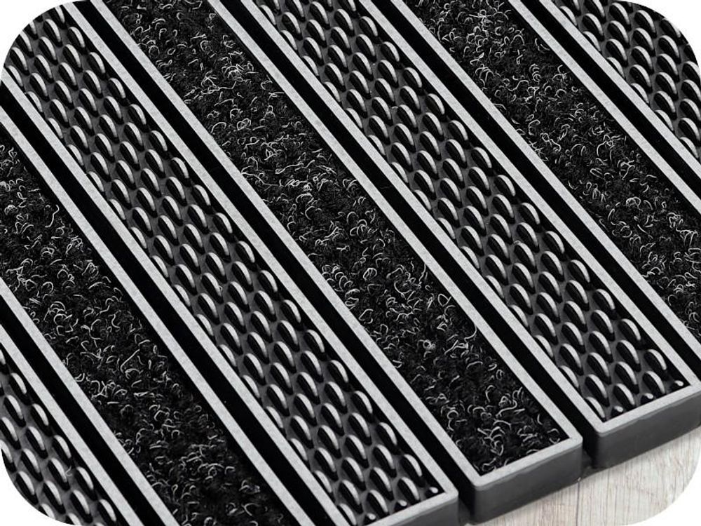 Detailaufnahme der silbernen Fußmatte – strapazierfähiges Vinyl und Polypropylen