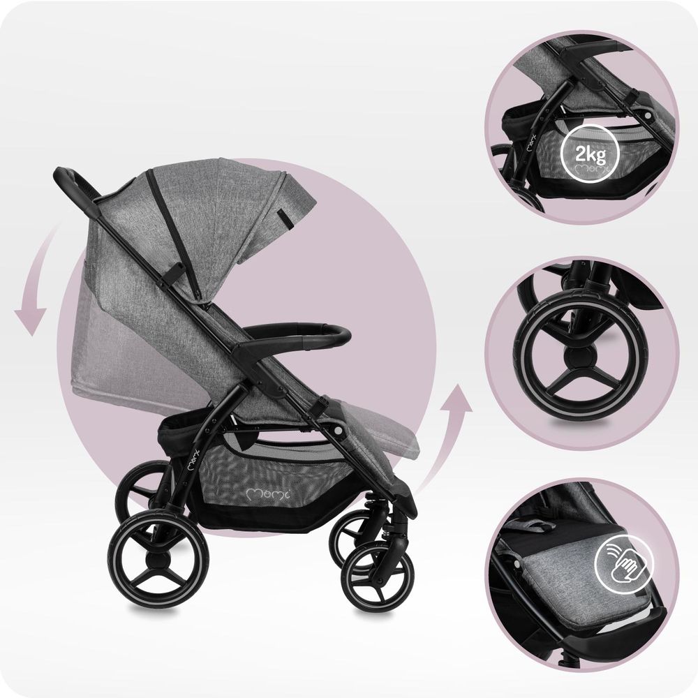 MoMi MIYA EVA – Ultrakompakter Kompaktbuggy mit Einhand-Faltung, XL-EVA-Rädern, verstellbar, inkl. Zubehör & Sonnenverdeck – Grau