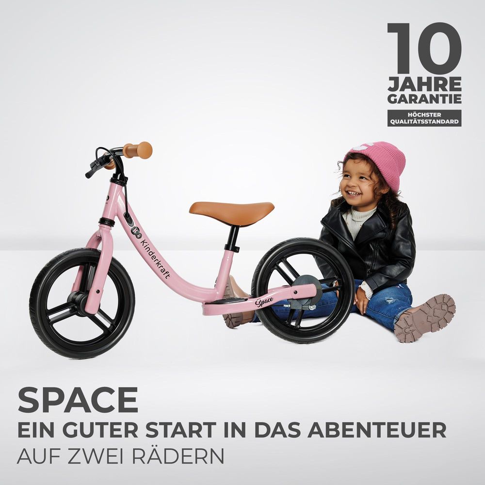 Kinderkraft SPACE Laufrad - Leicht, mit Handbremse - EVA-Schaumstoffräder - Verstellbarer Sattel und Lenker - Für Kinder ab 80 cm - Rosa