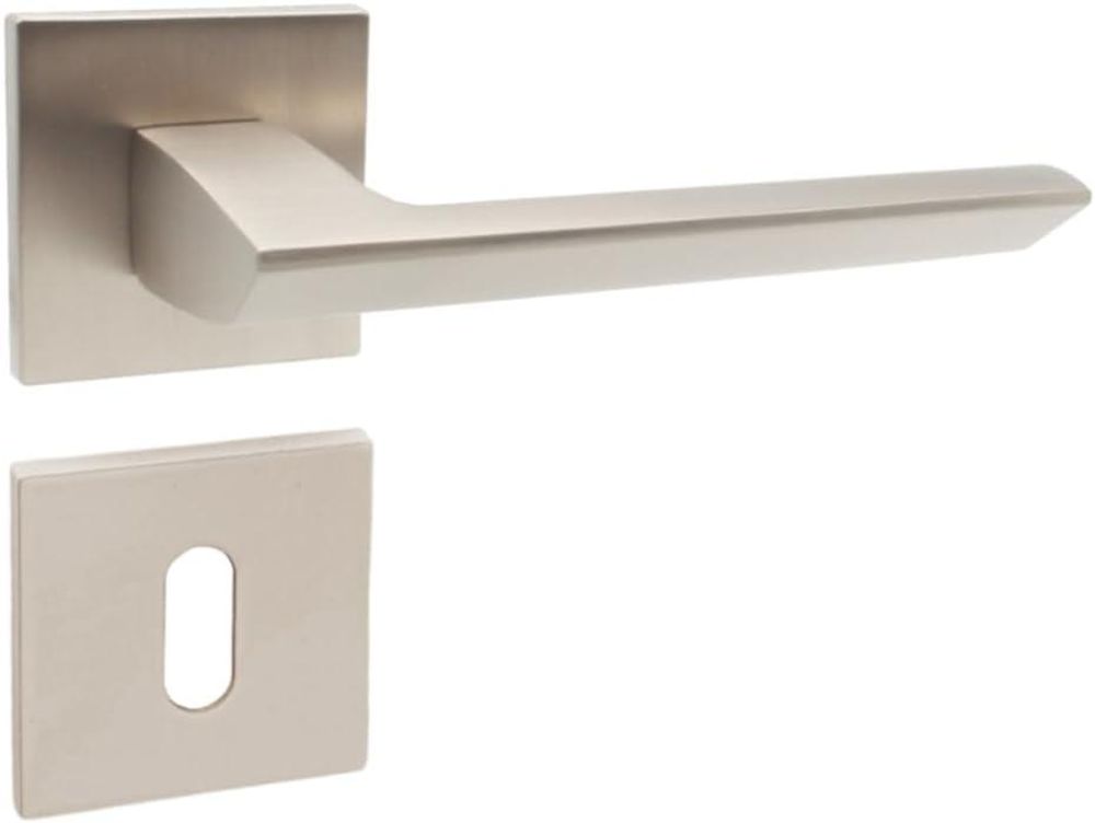DOMINO Türgriff Drückergarnitur BB-Buntbart Set | quadratische Rosette | Türklinke für Zimmertür, Bürotür, Kellertür & Innentür | Türbeschläge aus Aluminium  |Satin Nickel Türdrückergarnitur |ELENA QR SLIM SN