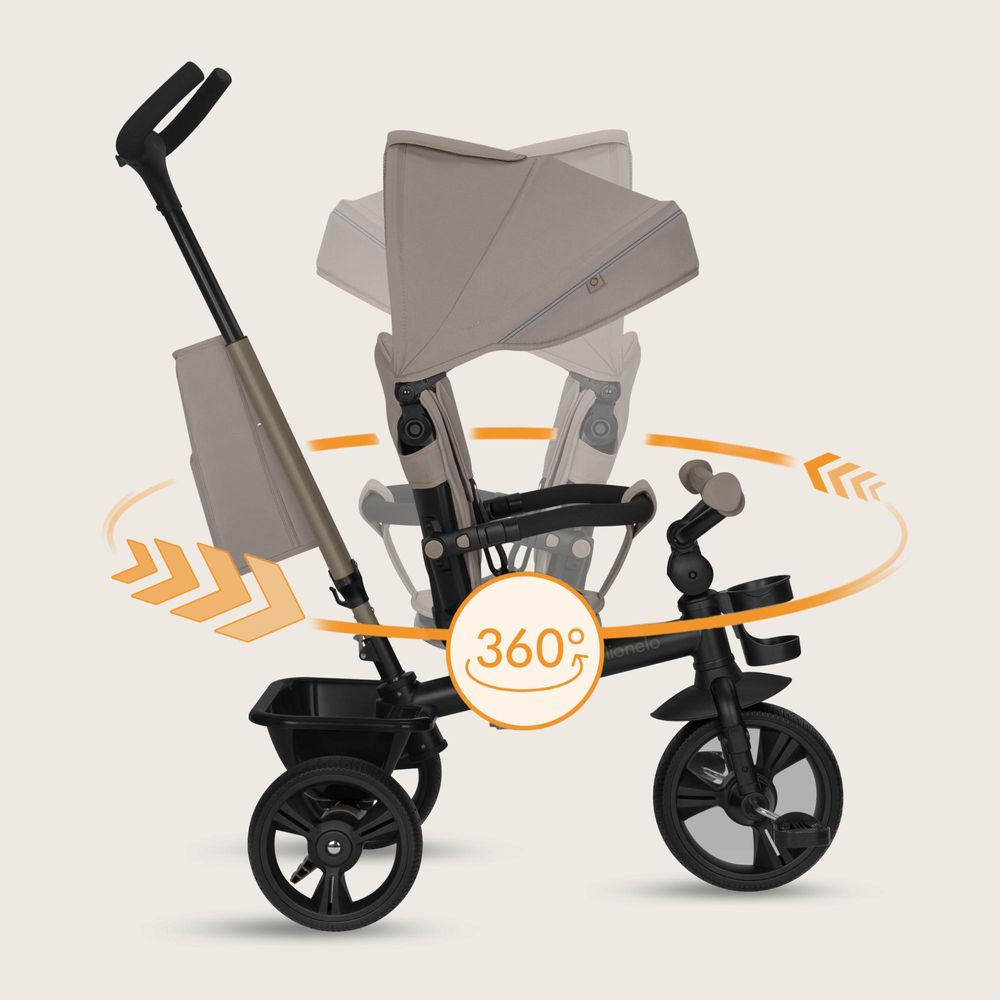 Haari Dreirad 2in1 für Kinder ab 18 Monaten, mit drehbarem Sitz, Schiebegriff, Freilauf, Verdeck, Fußstütze und Sicherheitsbügel - Beige Taupe