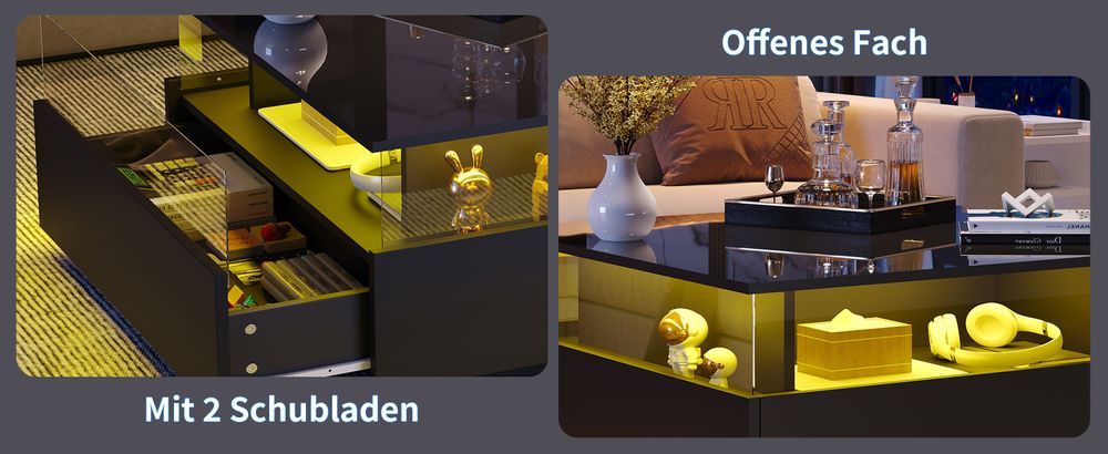 MODFU Couchtisch Wohnzimmertisch LED-Hochglanz für Wohnzimmer, Schlafzimmer, Beistelltisch Quadratischer mit 2 Schubladen und transparentem Präsentationsbereich, Schwarz