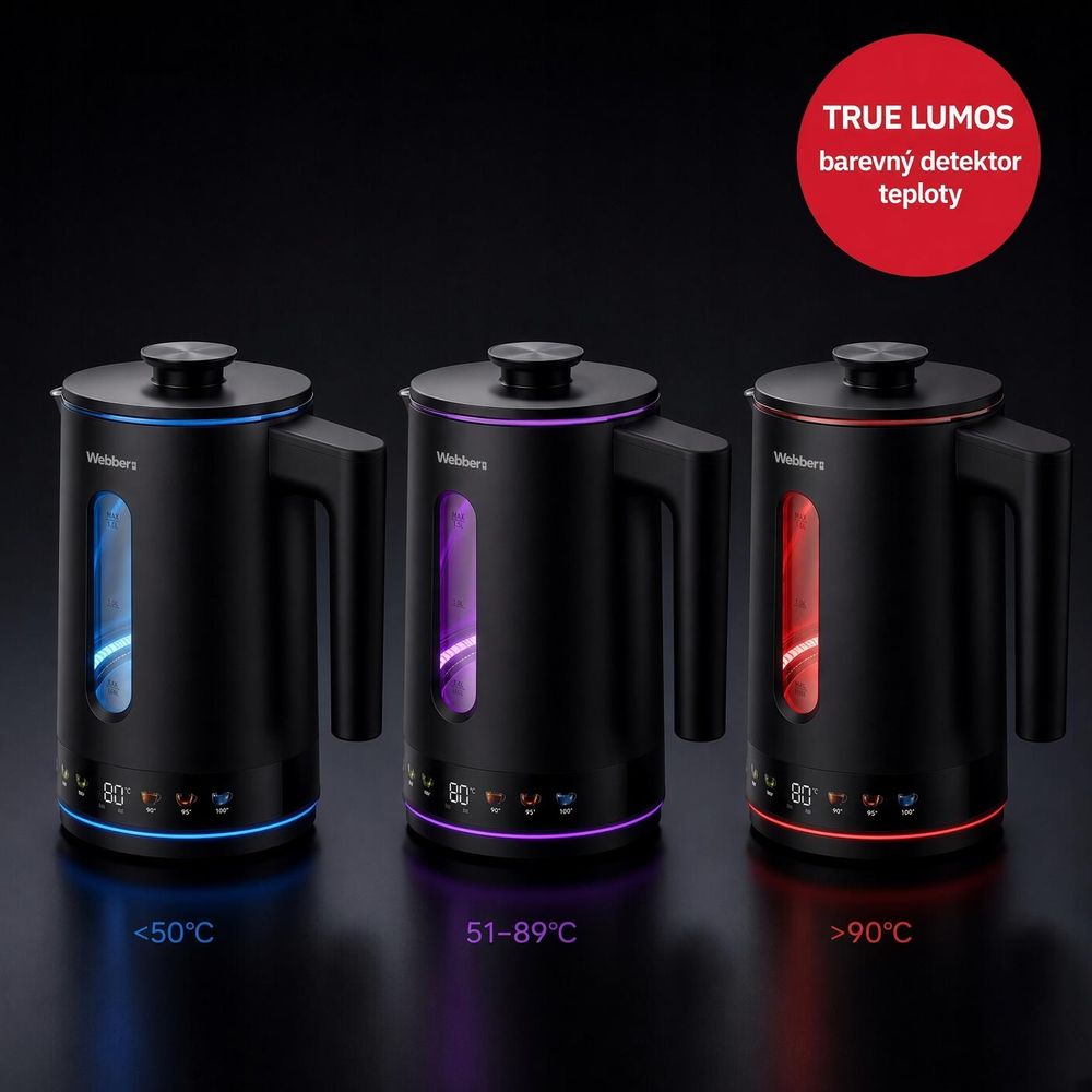 Webber WK125, konvička na vodu, objem 1,5 l, výkon 1800 W, LED podsvícení, 6 teplotních stupňů, True Lumos