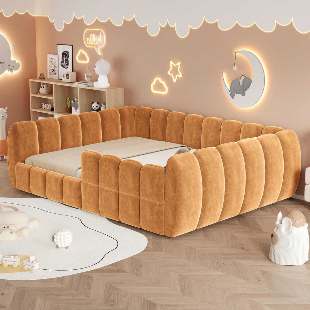 Merax Gepolstertes Kinderbett Bodenbett 140x200cm, Samtbett mit geschlossenem Design und abgerundeten Ecken, Montessori Bett für Jugendliche, Orange