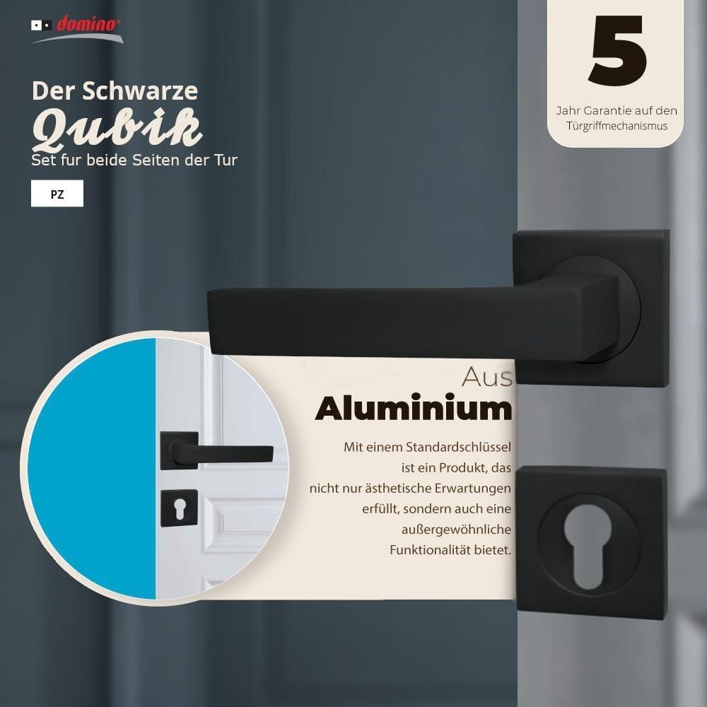 DOMINO Türgriff Drückergarnitur PZ - Profilzylinder Set | mit quadratischen PZ Rosetten| Türklinke für Zimmertür, Bürotür, Kellertür & Innentür| Türbeschläge aus Aluminium| Schwarz Türdrückergarnitur | QUBIK-QR BLACK