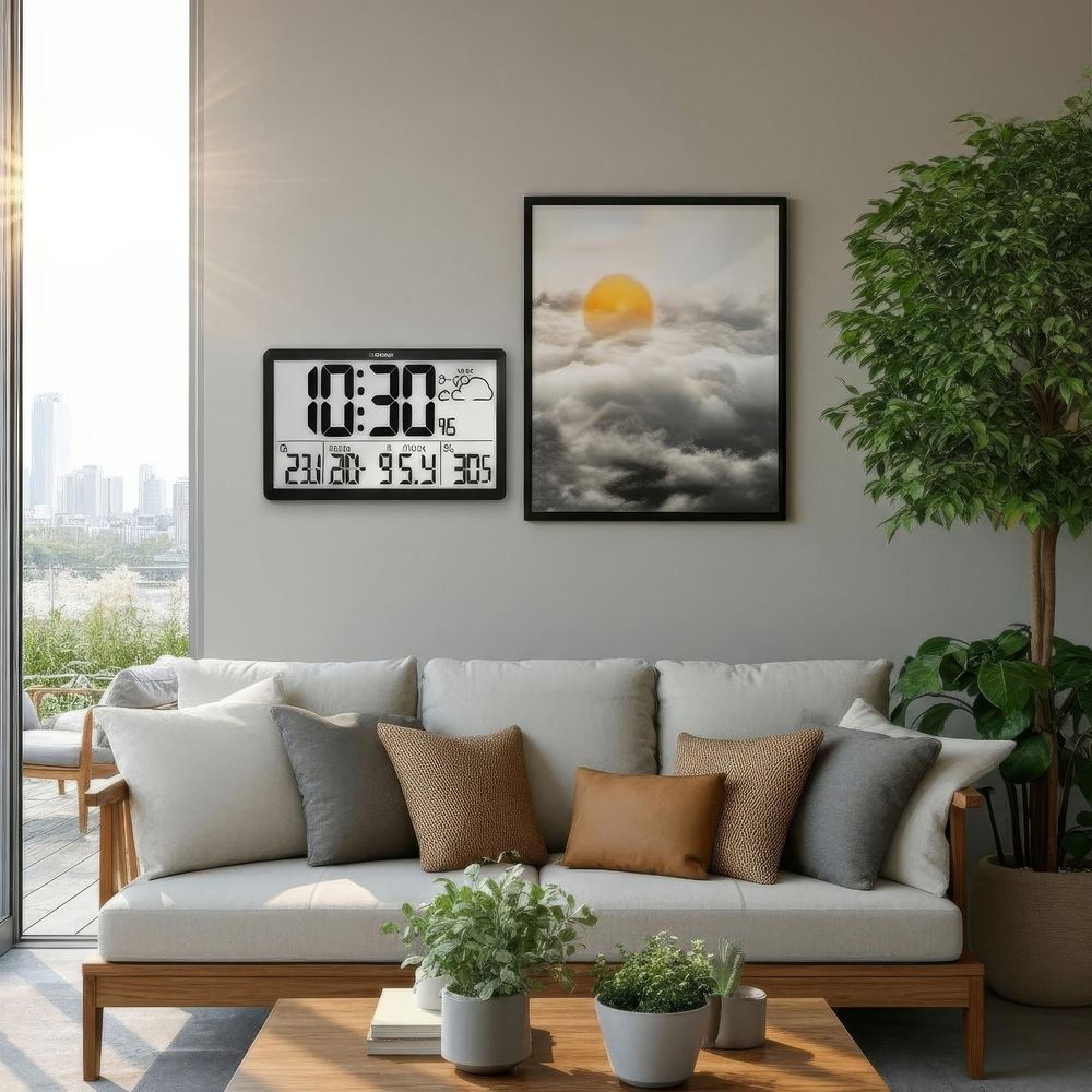 Wetterstation Digitale Wanduhr mit Außensensor, DCF-Uhr, 37x22,5cm Große Wanduhr, Alarm mit Schlummerfunktion, LCD Display, Innen und Außentemperatur,