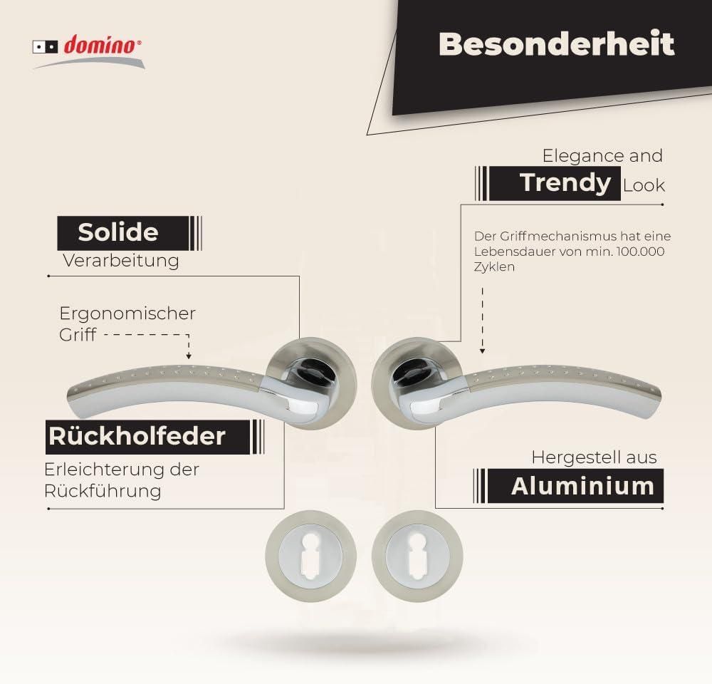 DOMINO Türgriff Drückergarnitur BB-Buntbart Set | Rund BB Rosette | Türklinke für Zimmertür, Bürotür, Kellertür & Innentür | Türbeschläge aus Aluminium | Chrom/Nickel Türdrückergarnitur | SHARON-R M6/M9