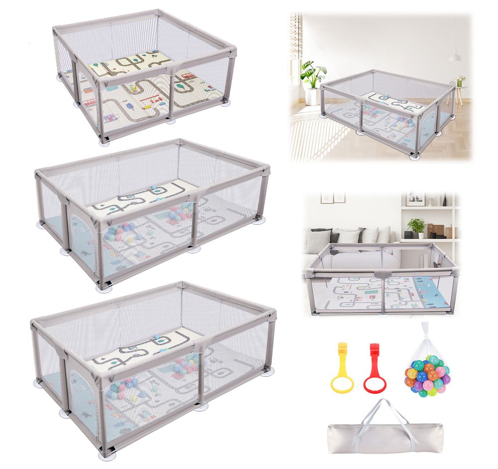 Laufgitter Baby 120x180cm Laufstall Baby mit Matratze, Playpen aus 600D Oxford, mit Atmungsaktivem Netz, 50 Bälle, 1 Tragetasche, Grau