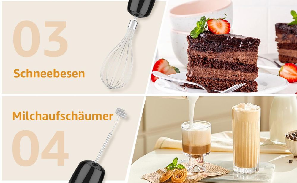 7MAGIC Stabmixer 1100W, 5-in-1 Pürierstab Edelstahl mit 5 Geschwindigkeitsstufen, inkl. Schneebesen, Zerkleinerer & Messbecher, Schwarz