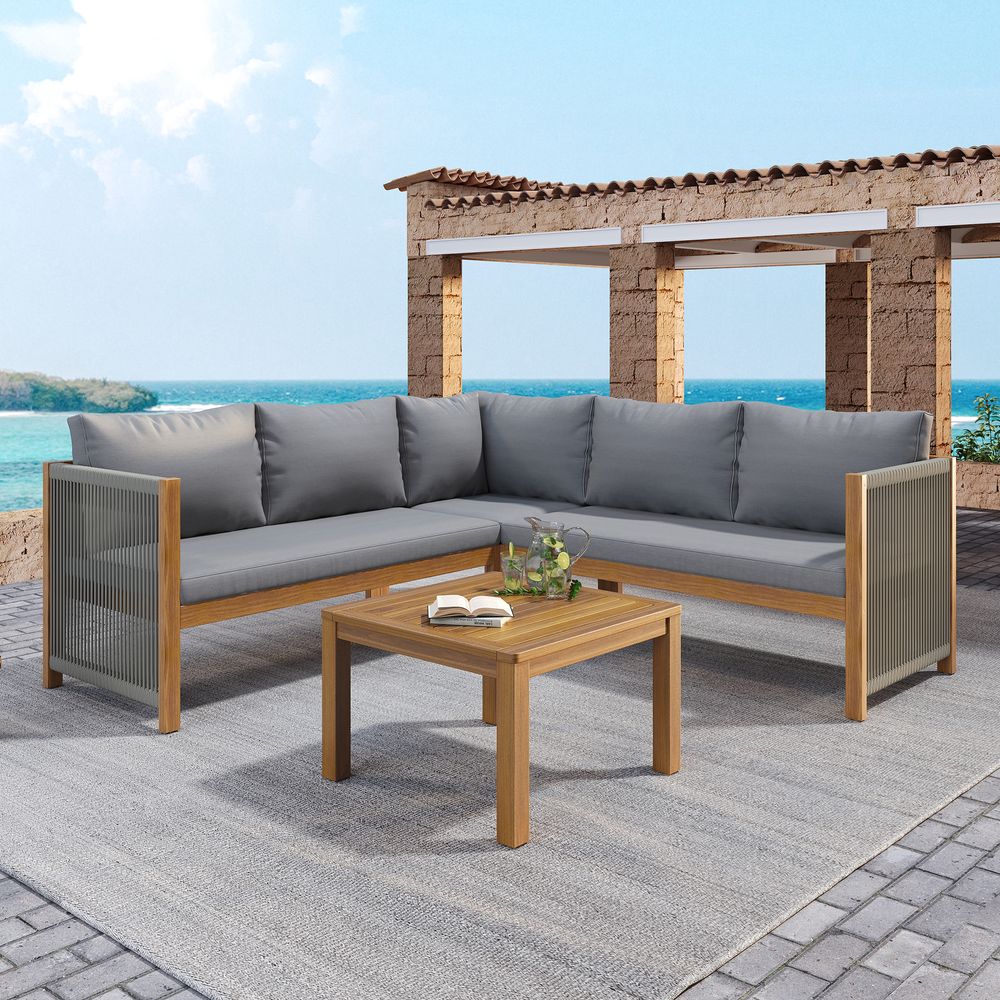 MERAX Gartenlounge-Set aus Akazienholz und geflochtenen Seilen(4-tlg., Sitzgruppe Gartengarnitur Balkonmöbel, 5-Sitzer Gartenmöbel-Set