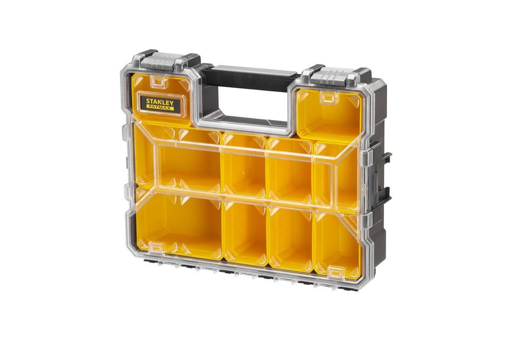 Stanley Profi-Organizer FatMax tiefe Fächer Metallschließen wasserdicht, Kasten für Kleinteile, Kunststoff, Schwarz, Transparent, Gelb, Scharnier, 446 mm, 357 mm