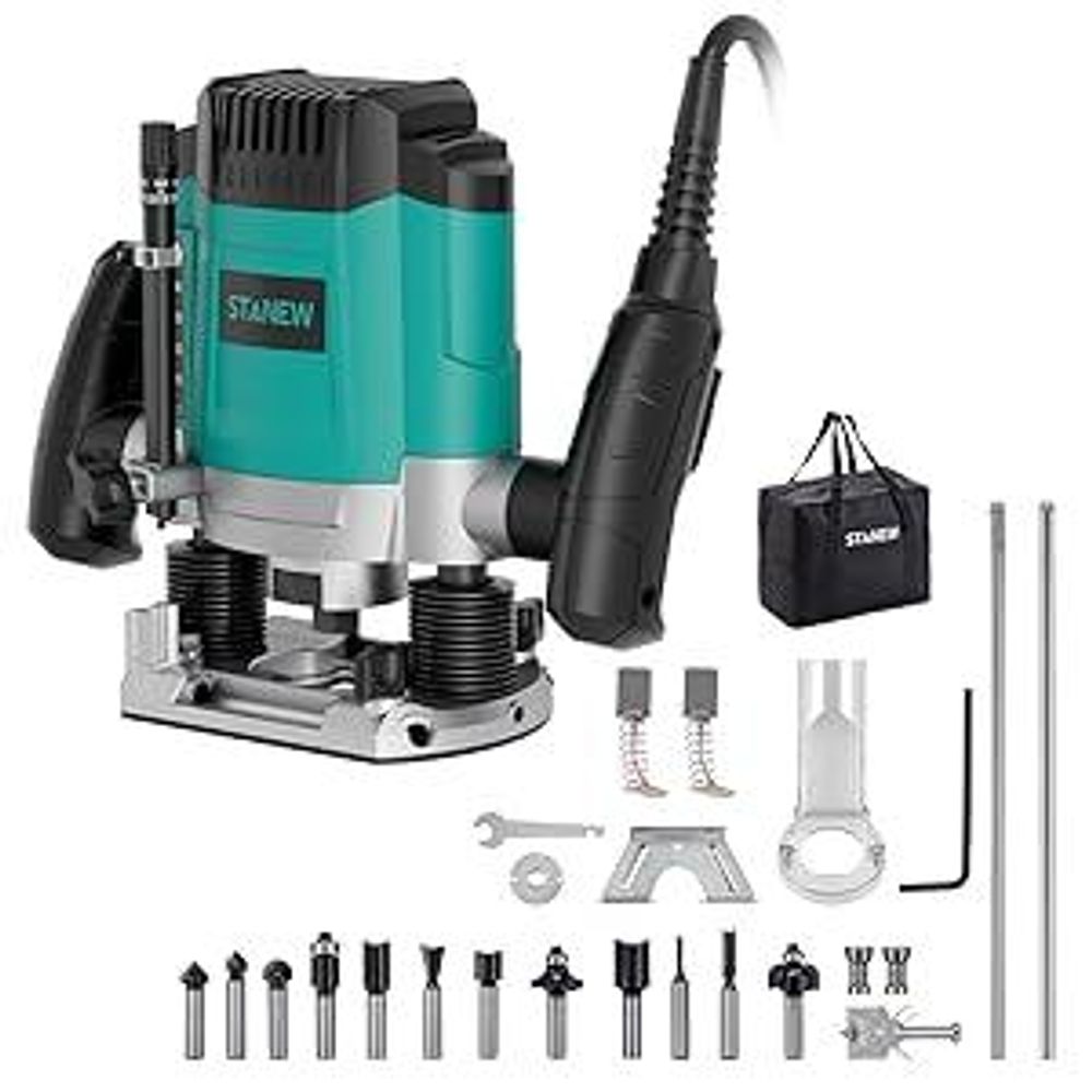 Défonceuse Verticale Electrique 1200 W 16000-30000 RPM STANEW, Profession Fresatrice Verticale avec Set de 12 fraises,6 Vitesses