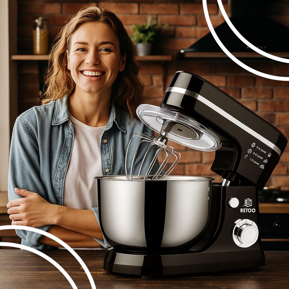 Küchenmaschine 3200W - 6L Edelstahl-Rührschüssel inkl. Rührhaken, Knethaken, Schneebesen und Spritzschutz, 6 Geschwindigkeiten Schwarz, Retoo
