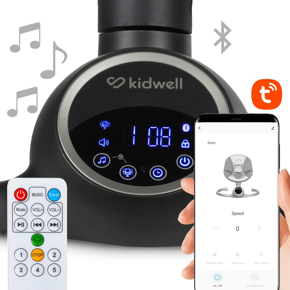 Kidwell REVE Elektrische Babywippe & Babyschaukel – Schaukel mit App-Steuerung, Bluetooth, Timer, Spielbogen & Moskitonetz (Black/Silver)
