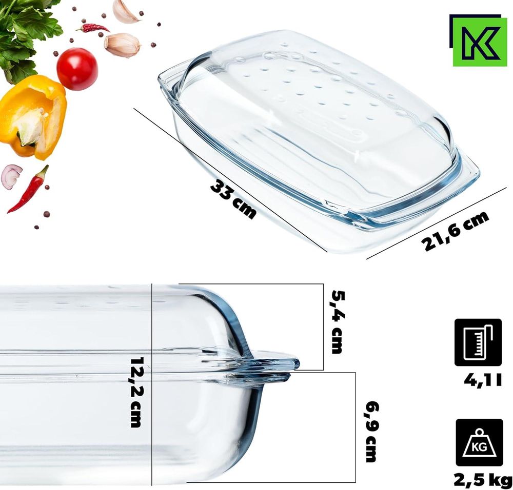 KADAX Glasbräter "Acri", Auflaufform mit Deckel, feuerfestes Gefäß, Glasauflaufform, Rechteckig, 4.1L