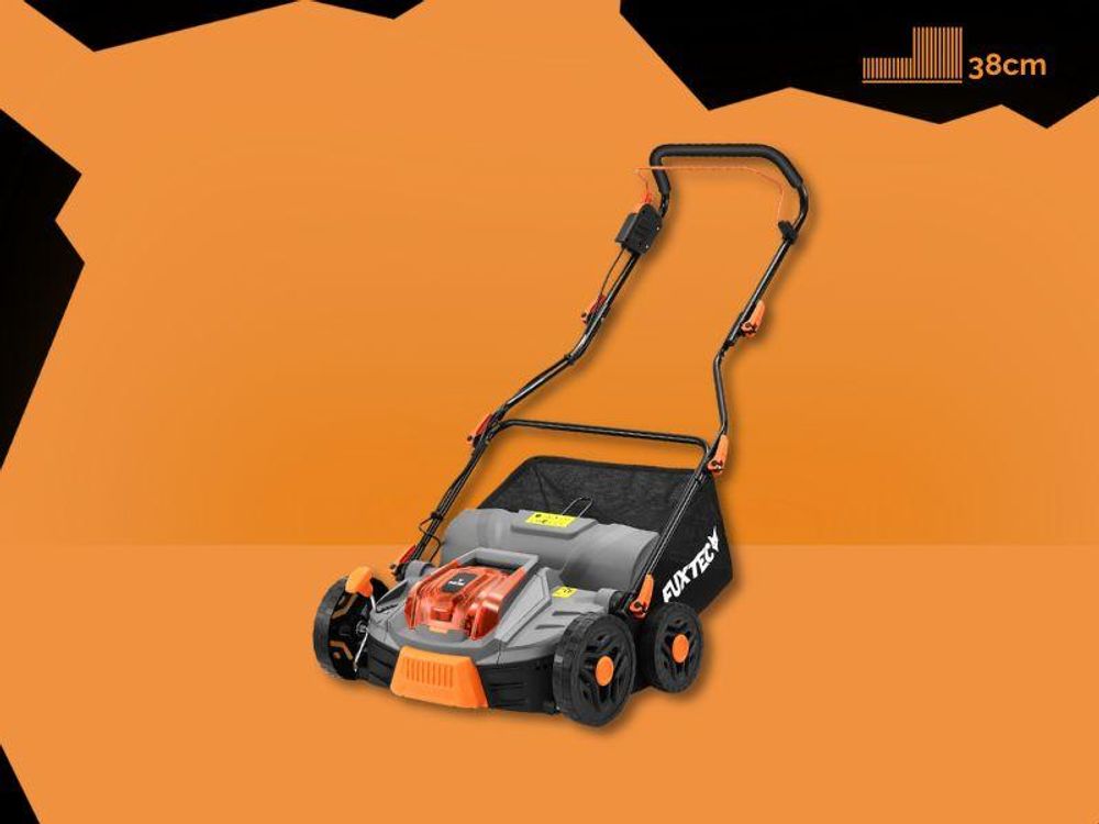 FUXTEC 40V Akku Vertikutierer FX-E2VE38SET - 38cm Schnittbreite | 11Kg | 2x20V | 2in1 Vertikutieren und Lüften | 45L Grasfangkorb | Höhenverstellbar