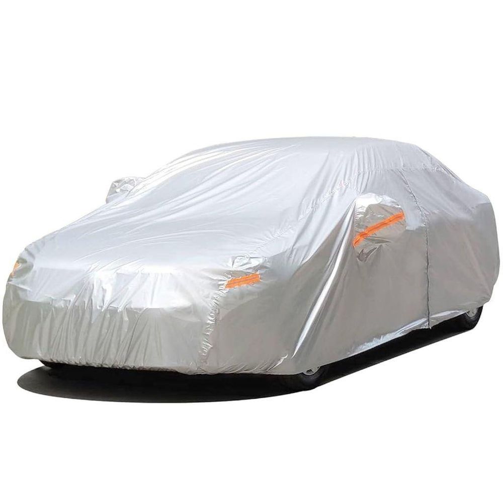 Silberne Autoabdeckung mit Spiegeltaschen und orangefarbenen Streifen am Beispiel eines Pkw