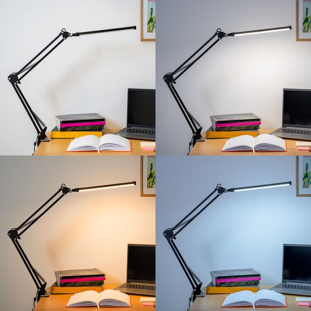 LUMILED LED 8W Schreibtischlampe Schwenkarm Büro Schwarz Tischlampe Helligkeit Einstellbarer CCT Farbwechsel USB Verstellbarer Arm Klemme Dimmbar