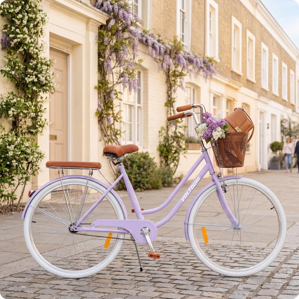Damen Citybike 28 Zoll VOLTOURI Retro Fahrrad Korb Gepäckträger Stahlrahmen 17“ Lila