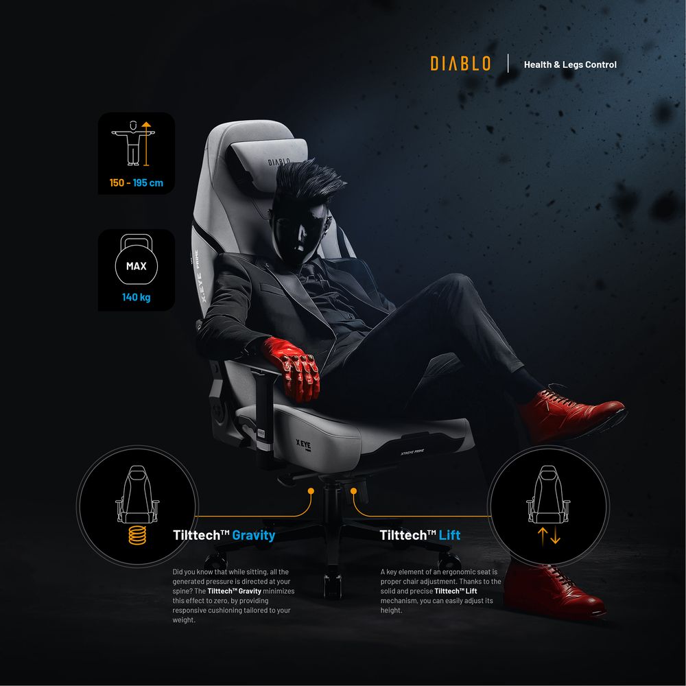 Diablo X.Eye Prime Gaming Stuhl mit Kühlfunktion Bürostuhl Schreibtischstuhl, Belastbar bis 140 kg, Größe Normal, Farbe Grau
