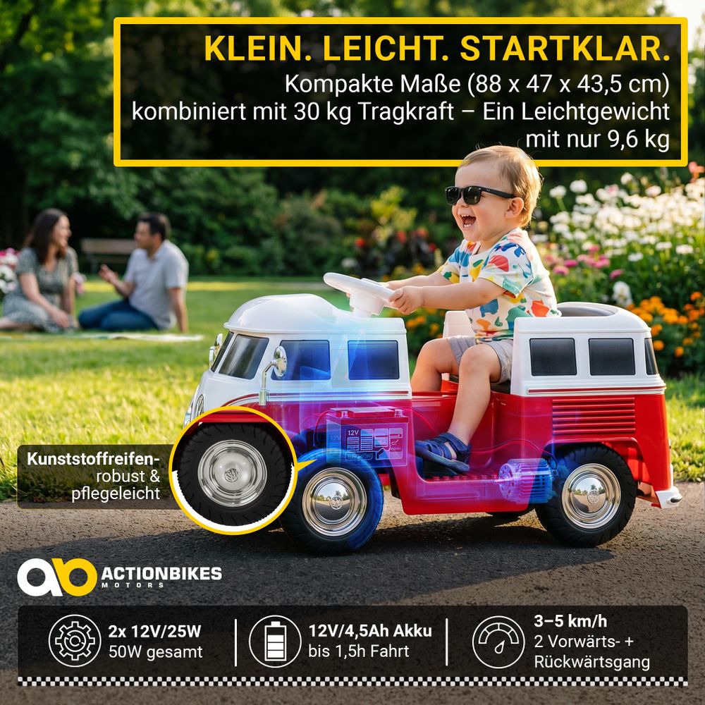 Actionbikes Motors Kinder Elektroauto VW Bus T1 | Camper- Spielzeugauto - Kinderauto elektrisch - Elektrofahrzeug - mit Fernbedienung - ab 3 Jahre Rot