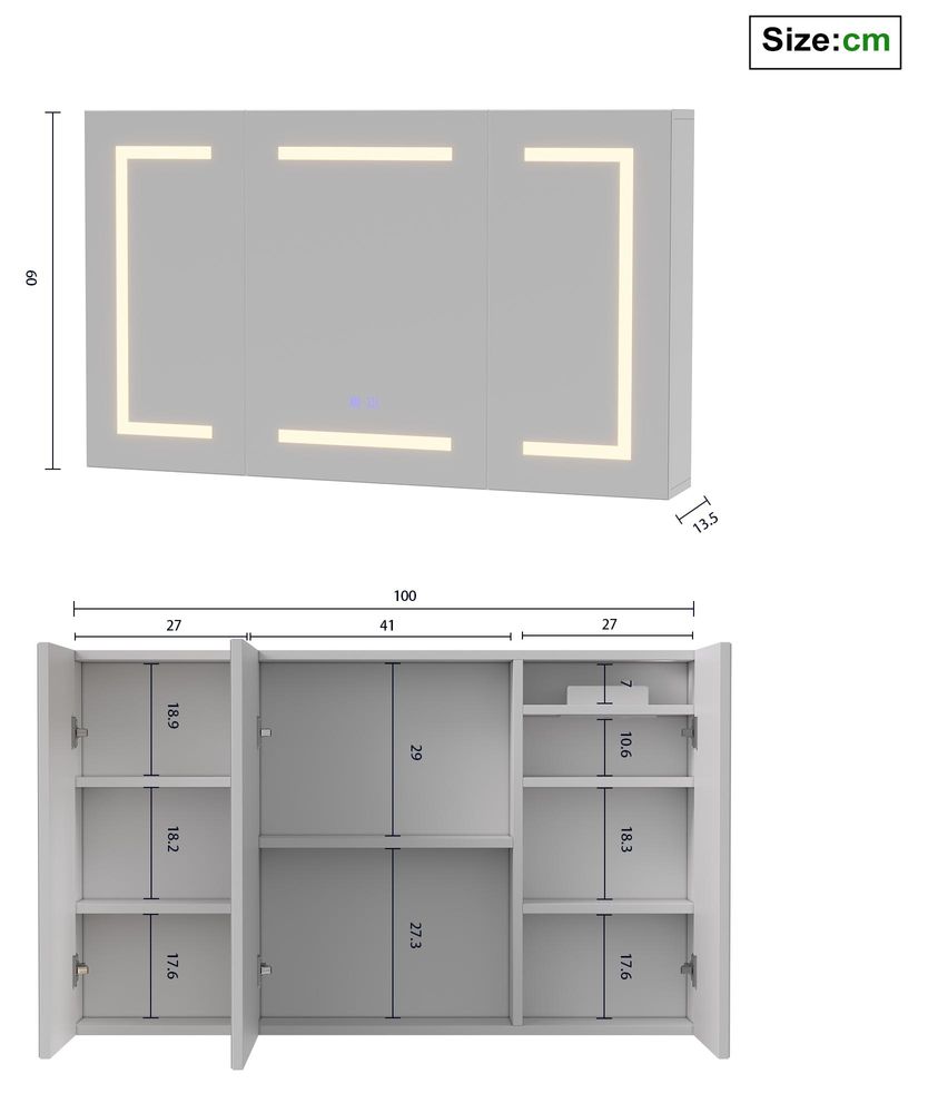 INONEFT Spiegelschrank Bad mit Beleuchtung, 100x60 cm Badezimmerschrank, 3 Türen, Anti-Beschlag, Steckdose, 3 Farbtemperaturen, Touch-Sensor, Modell A