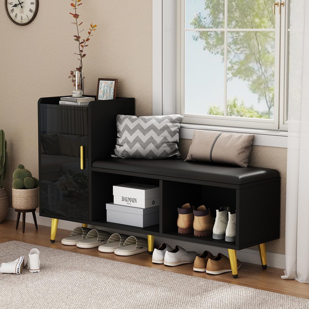 Merax Hochglanz Schuhschrank 120 cm mit Sitzbank, verstellbaren Regalen & Stauraum, für Flur, Garderobe, Schlafzimmer, Schwarz/Gold